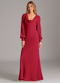 Azazie Jaxine Vestidos de damas de honor Vestido de Escarlata de Gasa de Corte Sirena con Manga larga image7