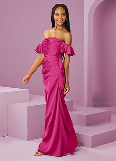 Barbie ♥ Azazie Bridesmaid Dresses Barbie Pink Sheath Off the Shoulder Stretch Satin Convertible Dress image4