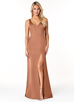 Azazie Jess Bridesmaid Dresses Bronzer Sheath V-Neck Stretch Satin Dress image1