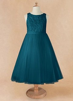 Azazie Calla Flower Girl Dresses Ink Blue Ball-Gown Lace Tulle Dress image7