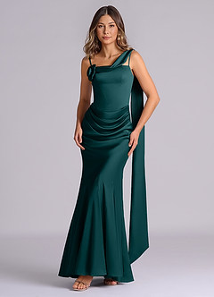 Azazie Inara Bridesmaid Dresses Pine Mermaid Pleated Stretch Satin Dress image1