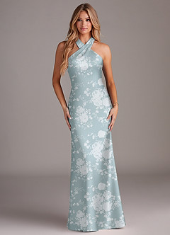 Azazie Doretta Bridesmaid Dresses Powder Blue Floral Mermaid Pleated Stretch Satin Dress image2