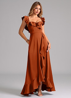 Azazie Lyra Bridesmaid Dresses Burnt Orange A-Line Off the Shoulder Stretch Satin Convertible Dress image2
