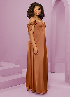 Barbie ♥ Azazie Bridesmaid Dresses Copper A-Line Off the Shoulder Stretch Satin Dress image5
