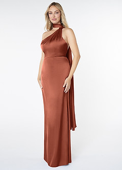 Azazie Kaylani Bridesmaid Dresses Clay Mermaid High Neck Stretch Satin Dress image3