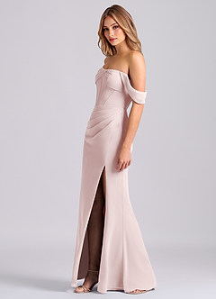 Azazie Joanne Bridesmaid Dresses Blushing Pink Mermaid Off the Shoulder Chiffon Dress image3