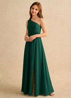Azazie Puddles Girls Formal Robe Demoiselle D'honneur Fillette Robe Trapèze en Mousseline de soie Une épaule émeraude image4