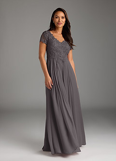 Azazie Dunja vestidos de madre de la novia Vestido de Gris Acero de Gasa de Corte En A con Encaje cuello pico image3