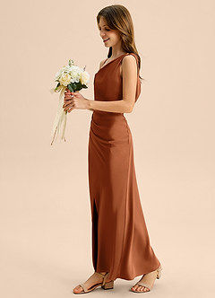 Azazie Madelyn Junior Osłona Zza ramienia Satyna elastyczna Długość podłogi Młodsza druhna Sukienka image3