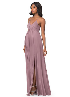 Azazie Annabelle Probar vestidos en casa Vestido de Acampanado Cuello en V plisado Largo hasta el piso Malla image3