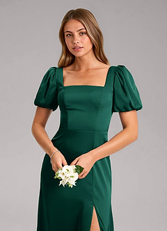 Azazie Fyona Vestidos de damas de honor Vestido de Esmeralda de Satén Elástico de Corte en A con Plisado image6