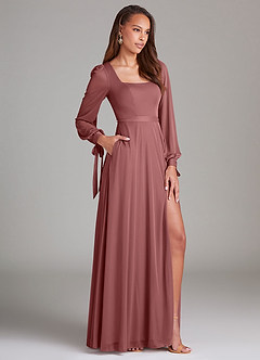Azazie Leonia Bridesmaid Dresses Amethyst A-Line Long Sleeve Mesh Dress image3