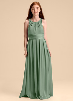 Azazie Bibiane Junior Abito A-Line in Raso Elasticizzato Plissettato Matcha image3