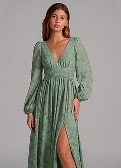 Azazie Norah Bridesmaid Dresses Matcha A-Line Long Sleeve Floral Burnout Dress image7
