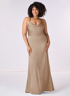 Barbie ♥ Azazie Bridesmaid Dresses Taupe Mermaid Pleated Stretch Satin Dress image6