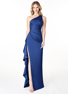 Azazie Latrice Bridesmaid Dresses Royal Blue Sheath One Shoulder Cascading Ruffles Stretch Satin Dress image1