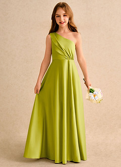 Azazie Puddles Girls Formal Robe Demoiselle D'honneur Fillette Robe Trapèze en Mat Satiné Asymétrique Citronnelle image1