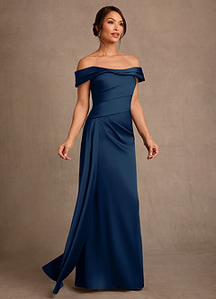 Azazie Beah Klänningar till brudens mor Klä Tubklänning i Stretch Satin Av axeln Mörk Marinblå image2