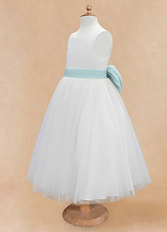 Azazie Kavi Flower Girl Dresses Ivory Mist A-Line Bow Matte Satin Dress image9