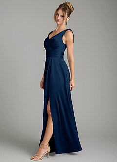 Azazie Karina Robes de demoiselle d'honneur Robe Trapèze en Satin extensible Plissée Bleu Marine Foncé image3