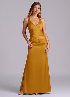 Azazie Amelie Bridesmaid Dresses Butterscotch A-Line Pleated Stretch Satin Dress image1