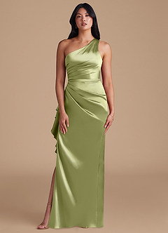 Azazie Latrice Bridesmaid Dresses Pistachio Sheath One Shoulder Metallic Satin Dress image2