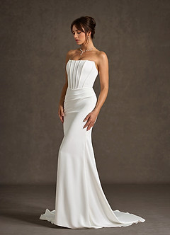 Azazie Grace Wedding Dresses Diamond White Mermaid Off the Shoulder Crepe Back Satin Dress image3