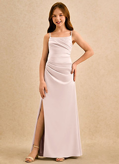 Azazie Cannoli Girls Formal Robe Demoiselle D'honneur Fillette Robe Trapèze en Satin extensible Plissée Rose Pâle image3