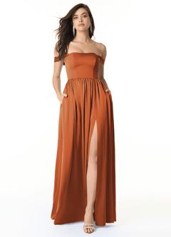 Azazie Morana Bridesmaid Dresses Cinnamon A-Line Off the Shoulder Stretch Satin Convertible Dress image1
