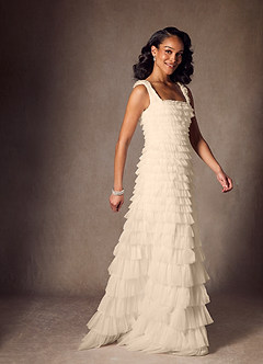 Azazie Zariah Wedding Dresses Champagne A-Line Ruched Tulle Dress image3