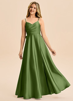 Azazie Rumi Junior Abito A-Line in Raso Elasticizzato Plissettato Ginepro image1