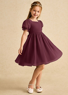 Azazie Jolie Flower Girl Dresses Cabernet A-Line with Sleeves Chiffon Dress image1