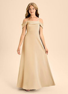 Azazie Anselie Junior Gold A-Line Off the Shoulder Stretch Satin Dress image7