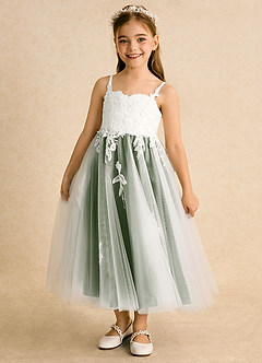 Azazie Coraline Flower Girl Dresses Ivory Olive A-Line Lace Dress image1