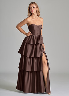 Azazie Faye Bridesmaid Dresses Ganache A-Line Ruched Stretch Satin Dress image1