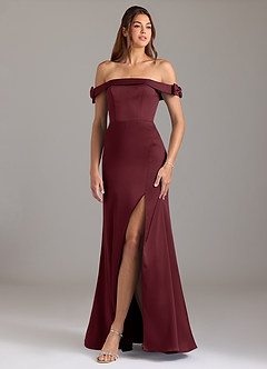 Azazie Zayla Bridesmaid Dresses Cabernet A-Line Off the Shoulder Stretch Satin Convertible Dress image1