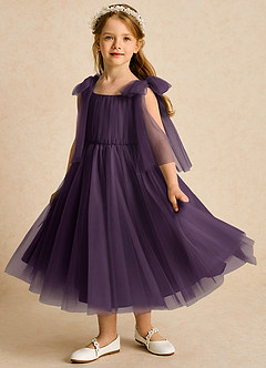 Azazie Dori Robe Demoiselle D'honneur Fillette Robe Trapèze en Tulle Rayé Prune image5
