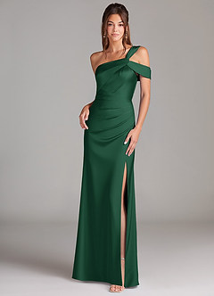 Azazie Wynter Robes de demoiselle d'honneur Robe Fourreau en Satin extensible Épaule décolletée Vert Foncé image1