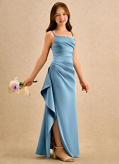 Azazie Cannoli Girls Formal Jurken voor bloemenmeisjes A-Lijn Jurk van Stretch Satijn Geplooide Staal Blauw image1