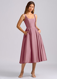 Azazie Amalie Robes de demoiselle d'honneur Robe Trapèze en Satin extensible Plissée Mauve Vintage image3