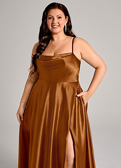 Azazie Elle Bridesmaid Dresses Copper A-Line with Pockets Metallic Satin Dress image12