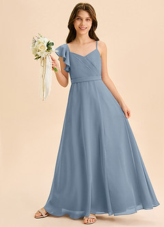 Azazie Kelsea Junior Vestido de Azul Polvoriento de Gasa de Corte en A con Volante image1