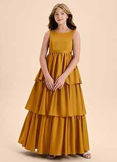 Azazie Meadowyn Junior Vestido de Caramelo de Satén Elástico de Corte En A con Lazo image1