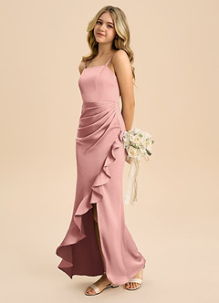 Azazie Buzzy Junior Rosette Sheath Pleated Stretch Satin Dress image6