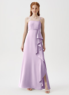 Azazie Kaylee Junior Robe Trapèze en Satin extensible avec ceinture Frostiges Flieder image3
