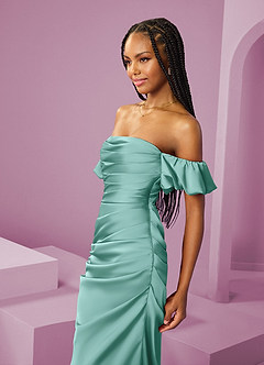 Barbie ♥ Azazie Jurken voor bruidsmeisjes Converteerbaar Jurk van Stretch Satijn met Kolom Off the Shoulder Aqua image6