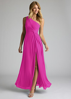 Azazie Brooke Bridesmaid Dresses Fuchsia A-Line One Shoulder Mesh Dress image2