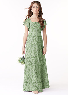 Azazie Bondi Junior Green Fern Floral A-Line Bow Chiffon Dress image2