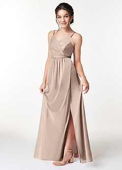 Azazie Luxy Junior Taupe Pleated Mesh Dress image4