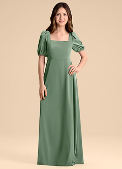 Azazie Briar Junior Vestido de Matcha de Satén Elástico de Corte en A con Lazo image3